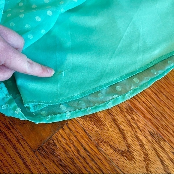 VANITY Aqua Seafoam Green Blue Swiss Dot Textured Mini Surplice Faux Wrap Dress - Picture 12 of 16